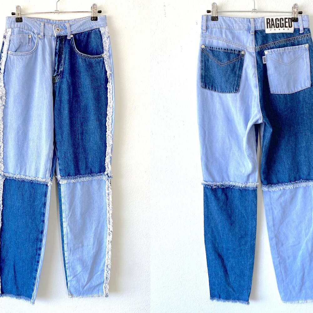 Patchwork Frayed Jeans Two Tone Denim 28 Inch Waist Jeans Trendy Y2k Grunge Punk